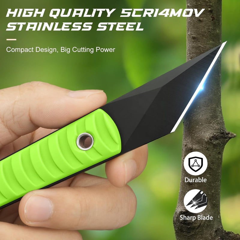 SPITZKANTE 5.79" Compact Neck Knife, Full Tang Fixed Blade Kiridashi Knife with Neon Green Sheath, 5Cr14MoV Stainless Steel, Outdoor Tool for Hiking, Camping - Image 3